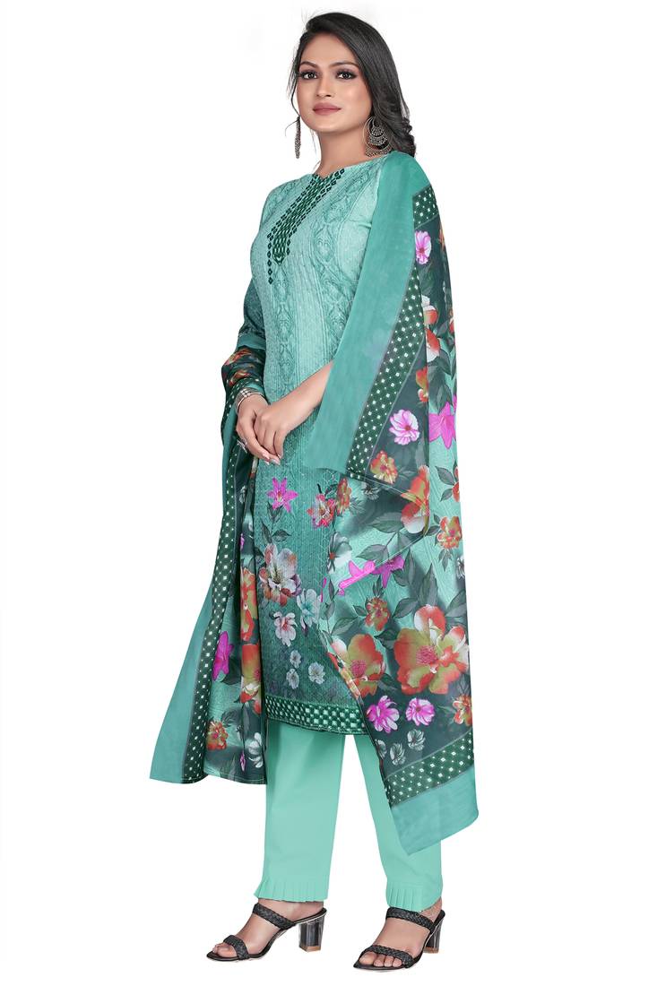 Sea green digital printed & embroidered cotton unstitched salwar salwar suit material