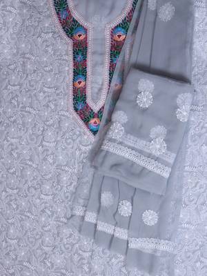 Ada Hand Embroidered Grey Georgette Lucknowi Chikankari Indian Women Unstitched Suit Piece with Parsi Work - A211262 2