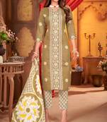 Beige & white embroidered cotton unstitched salwar salwar suit material