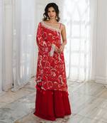 Red abstract printed one shoulder kaftaan set