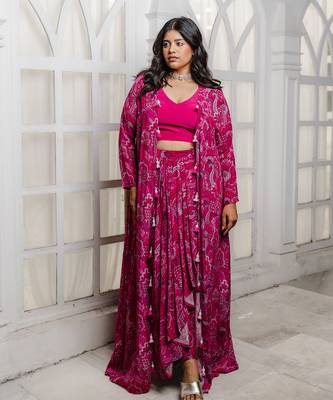 Pink abstract printed drape skirt set 1
