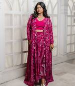 Pink abstract printed drape skirt set