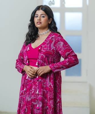 Pink abstract printed drape skirt set 2