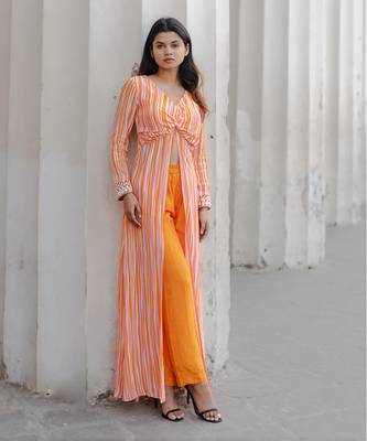 Orange & lavender stripe printed front slit kurta set 1