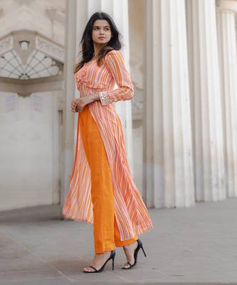 Orange & lavender stripe printed front slit kurta set 2