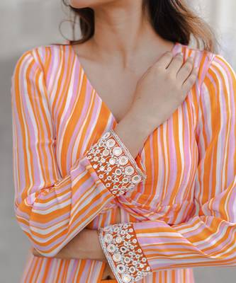 Orange & lavender stripe printed front slit kurta set 3
