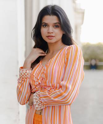 Orange & lavender stripe printed front slit kurta set 4