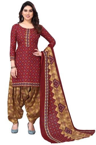 Maroon printed cotton unstitched salwar salwar suit material