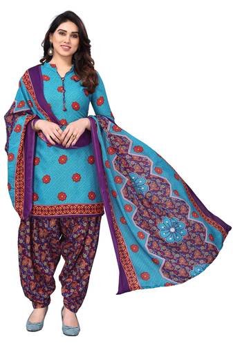 Sky blue printed cotton unstitched salwar salwar suit material