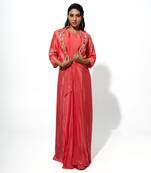 Coral long drape dress with floral printed jacket