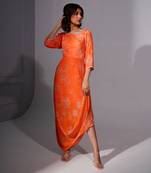 Orange floral printed cowl dress