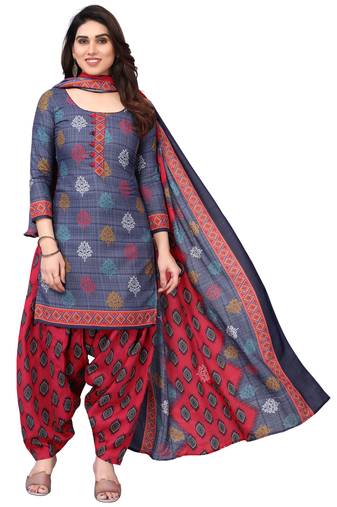 Navy blue printed cotton unstitched salwar salwar suit material