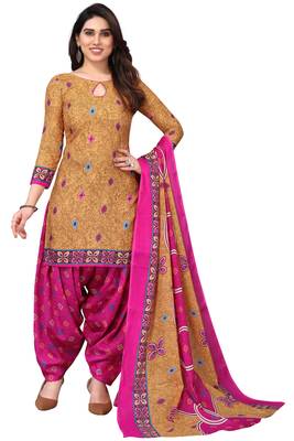 Beige printed cotton unstitched salwar Material 1
