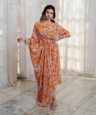 Orange & lavender abstract printed asymmetric kaftaan dress 1