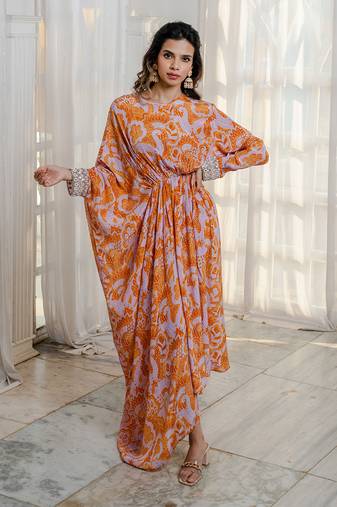 Orange & lavender abstract printed asymmetric kaftaan dress