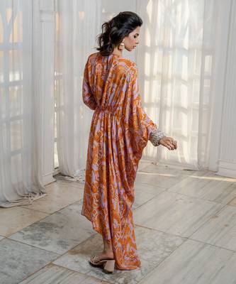 Orange & lavender abstract printed asymmetric kaftaan dress 2