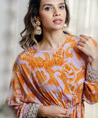 Orange & lavender abstract printed asymmetric kaftaan dress 3