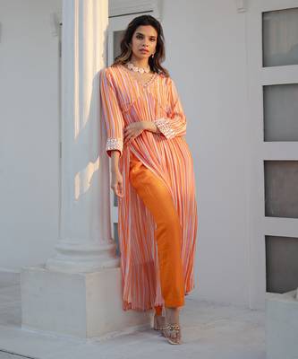 Orange & lavender stripe printed kurta set 1