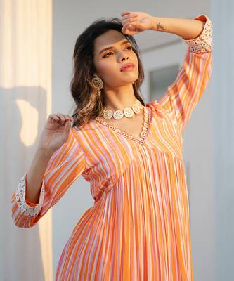 Orange & lavender stripe printed kurta set 2