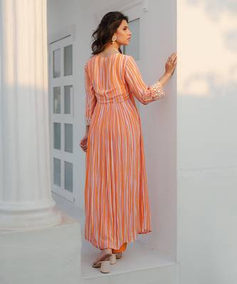 Orange & lavender stripe printed kurta set 3