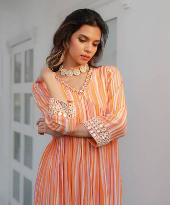 Orange & lavender stripe printed kurta set 4