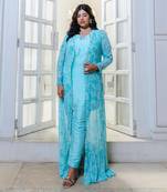Sky blue abstract printed kurta jacket set