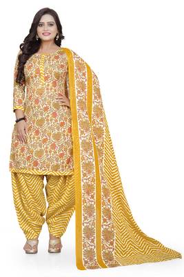 Yellow & orange printed cotton unstitched salwar salwar suit material 1
