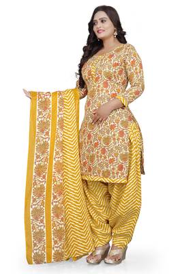 Yellow & orange printed cotton unstitched salwar salwar suit material 3