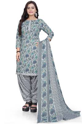 Grey & green printed cotton unstitched salwar salwar suit material 1