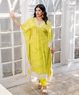 Lime green abstract printed kaftan set 1