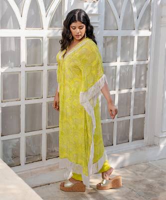 Lime green abstract printed kaftan set 2