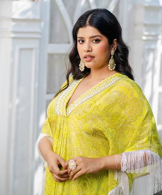 Lime green abstract printed kaftan set 4