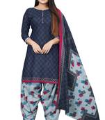 Navy blue printed cotton unstitched salwar salwar suit material