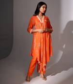 Orange floral printed asymmetric hemline kurta set