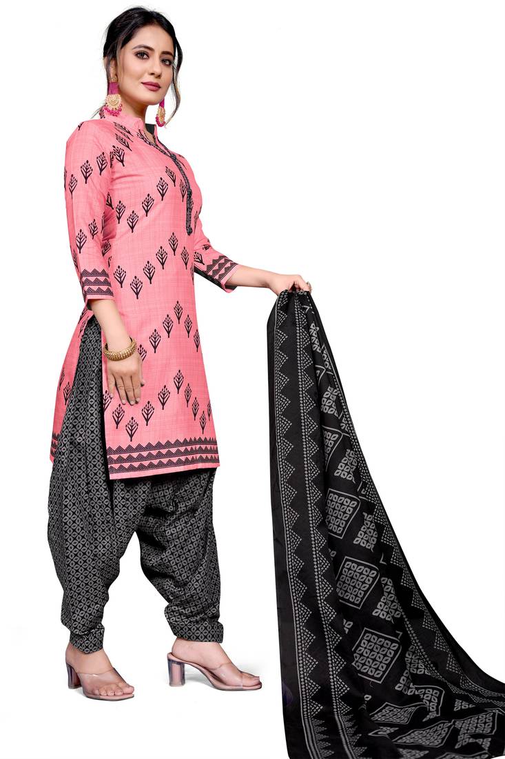 Peach printed cotton unstitched salwar salwar suit material