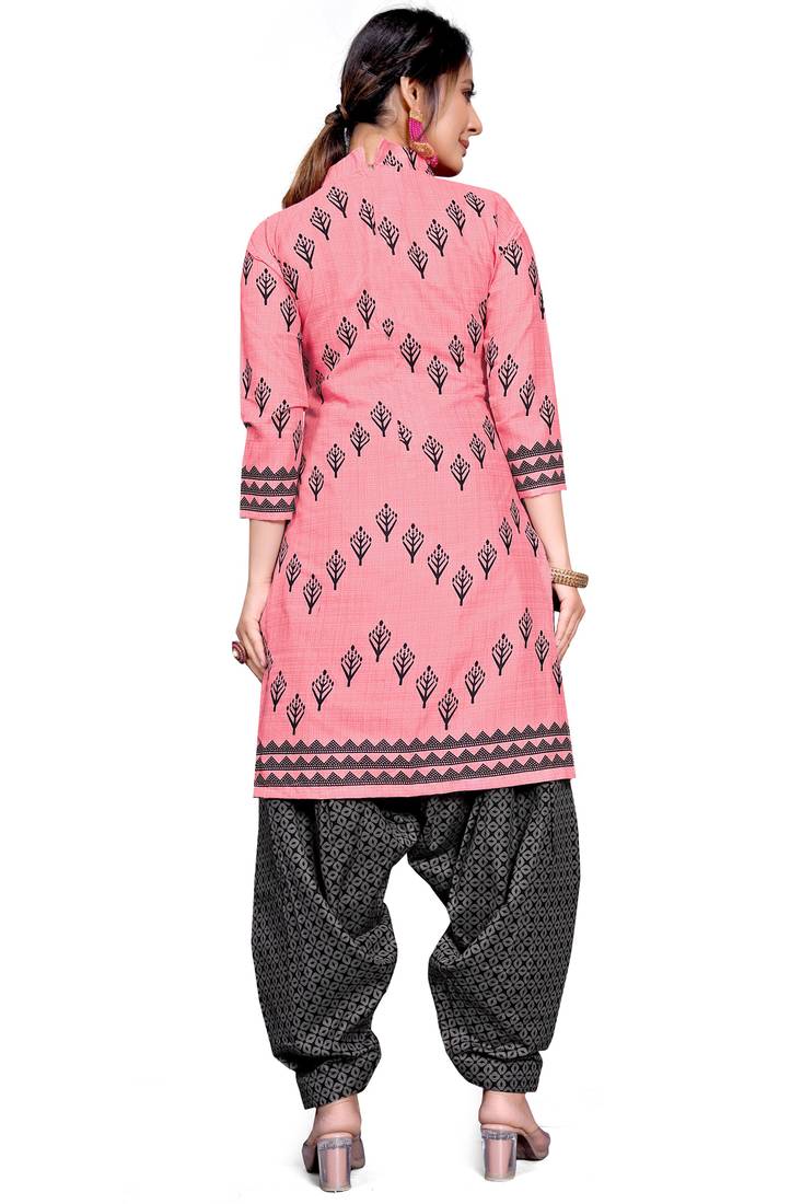Peach printed cotton unstitched salwar salwar suit material