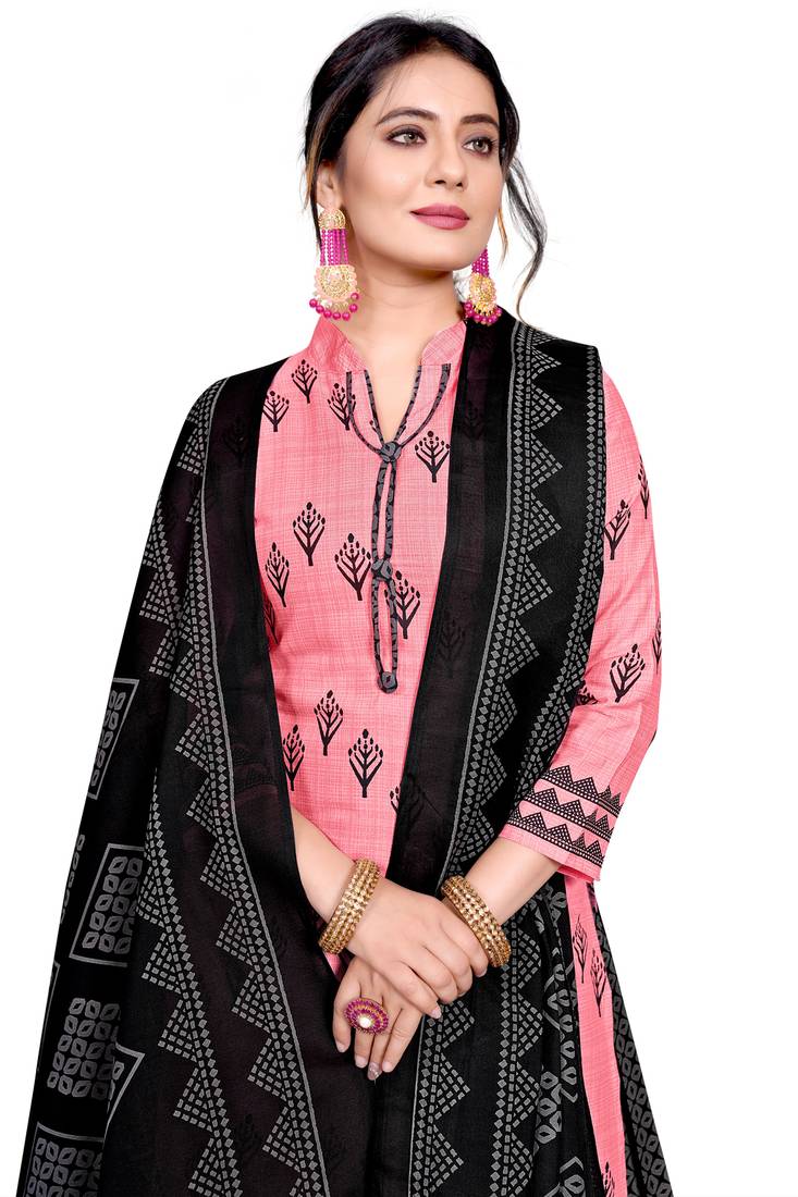 Peach printed cotton unstitched salwar salwar suit material