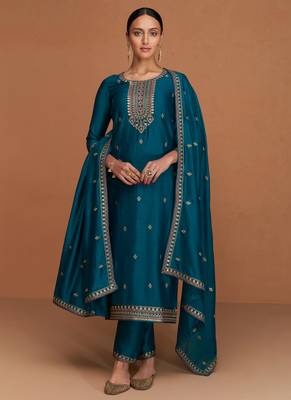 Teal Blue Wedding Wear Silk Straight Suit For Women 1