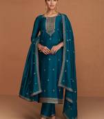 Teal Blue Wedding Wear Silk Straight Suit For Women