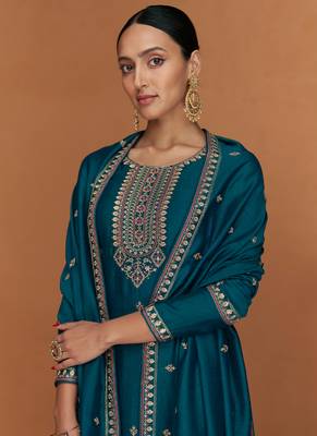 Teal Blue Wedding Wear Silk Straight Suit For Women 2