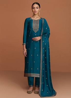 Teal Blue Wedding Wear Silk Straight Suit For Women 3