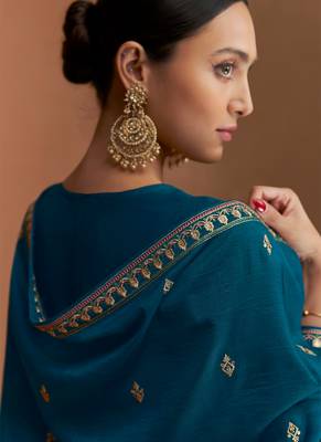Teal Blue Wedding Wear Silk Straight Suit For Women 4