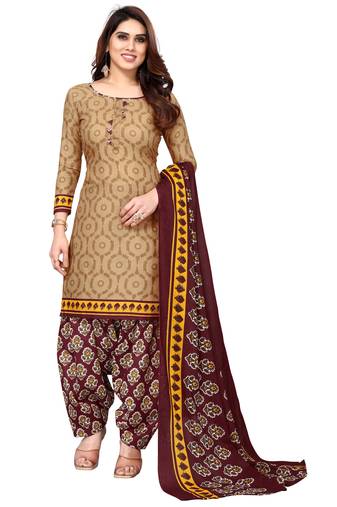 Beige printed cotton unstitched salwar salwar suit material