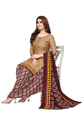 Beige printed cotton unstitched salwar salwar suit material 4
