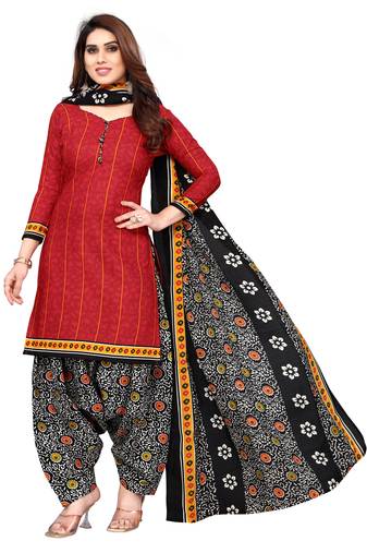 Red printed cotton unstitched salwar salwar suit material