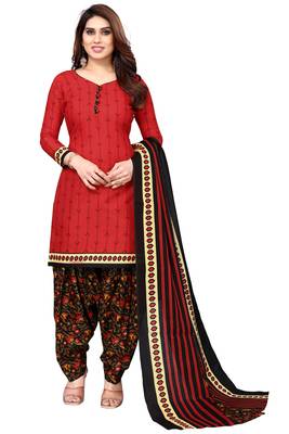 Red printed cotton unstitched salwar salwar suit material 1