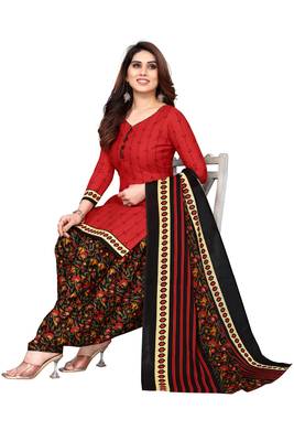 Red printed cotton unstitched salwar salwar suit material 4