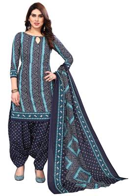Navy blue & teal green printed cotton unstitched salwar salwar suit material 1