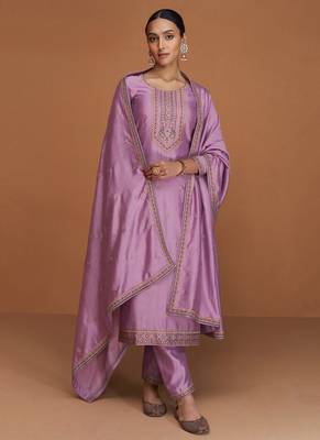 Violet Wedding Wear Silk Straight Suit For Women 1
