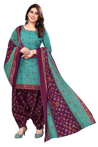 Teal blue printed cotton unstitched salwar salwar suit material
